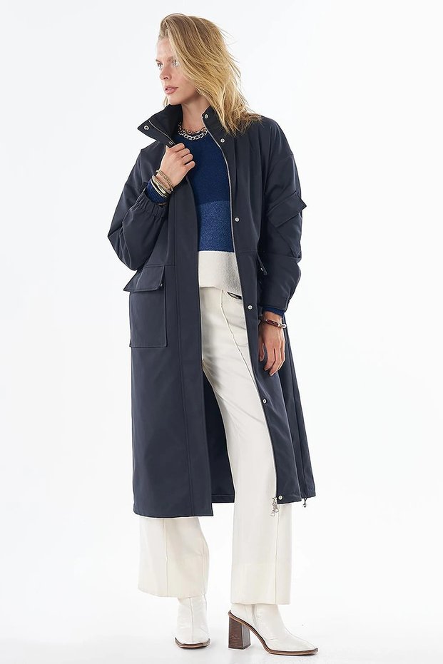 High Collar Trench Coat with Pocket Bags Navy Blue