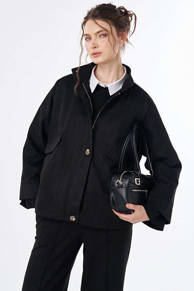 Buttoned Suede Jacket Black