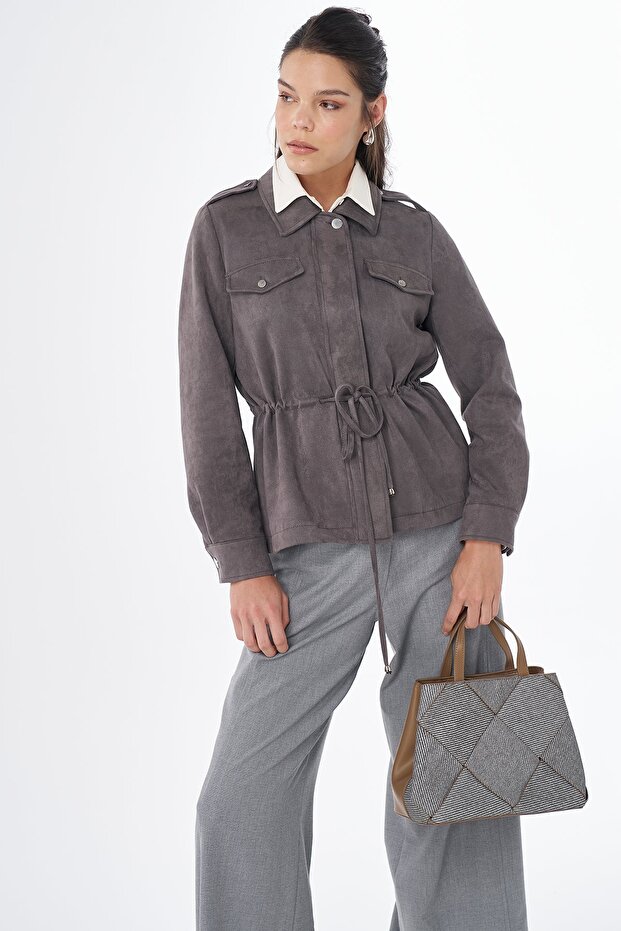 Waist Drawstring Suede Jacket Smoked