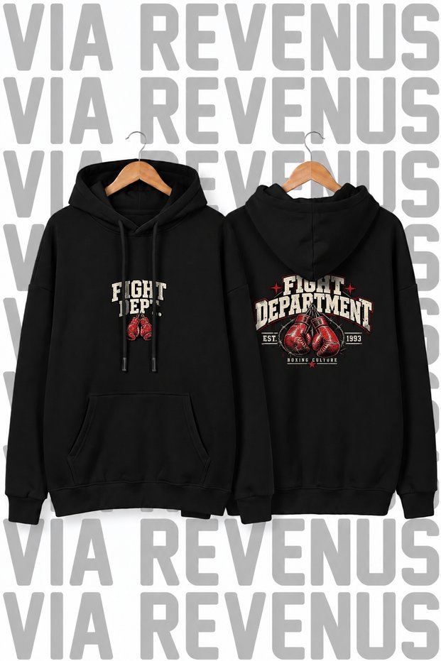 Fight Dept. Boxing Culture Printed Wide Fit Hoodie - 3 Thread Fleece Hood Lining with Rope Detail