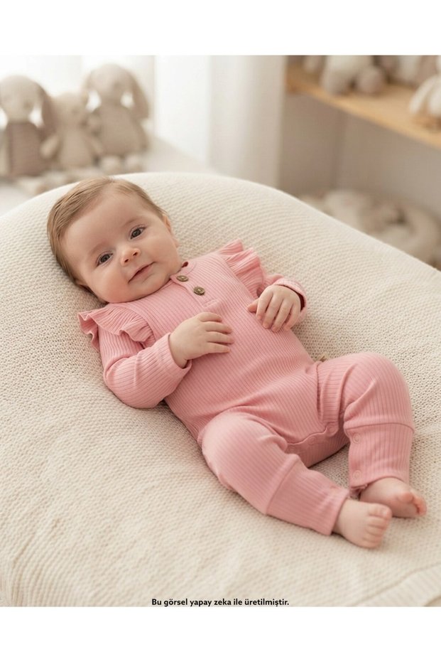 Baby Girl Ruffled Plain Romper with Snap Buttons at the Bottom, 100% Cotton, 0-3-6-9-12 Months Newborn Jumpsuit