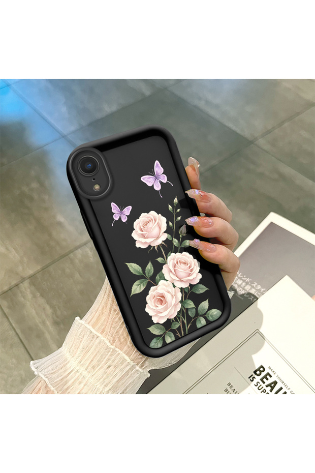 iPhone Xr Compatible Rose and Butterfly Pattern Phone Case, Silicone Shockproof