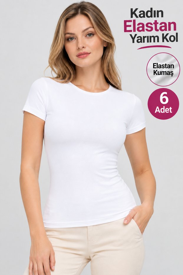 Women's Half Sleeve Badi Undershirt T-Shirt (Tutku Authorized Seller) 94% Cotton 6% Elastane 6 Pieces – White