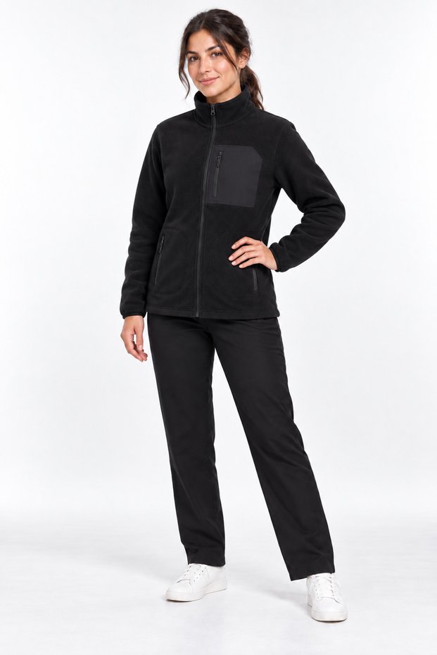 Black Women's Fleece Jacket with High Collar and Front Pockets with Zipper