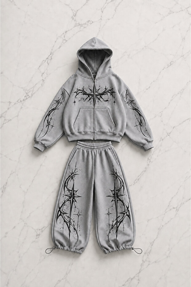 Star Legend Printed Gray Oversize Cardigan & Sweatpants Set