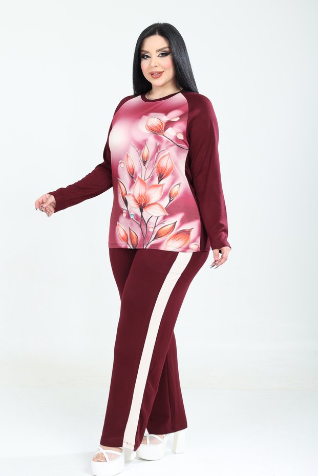 Plus Size Women's Flower-Patterned Stone-Embellished Osho Daily Comfortable Set