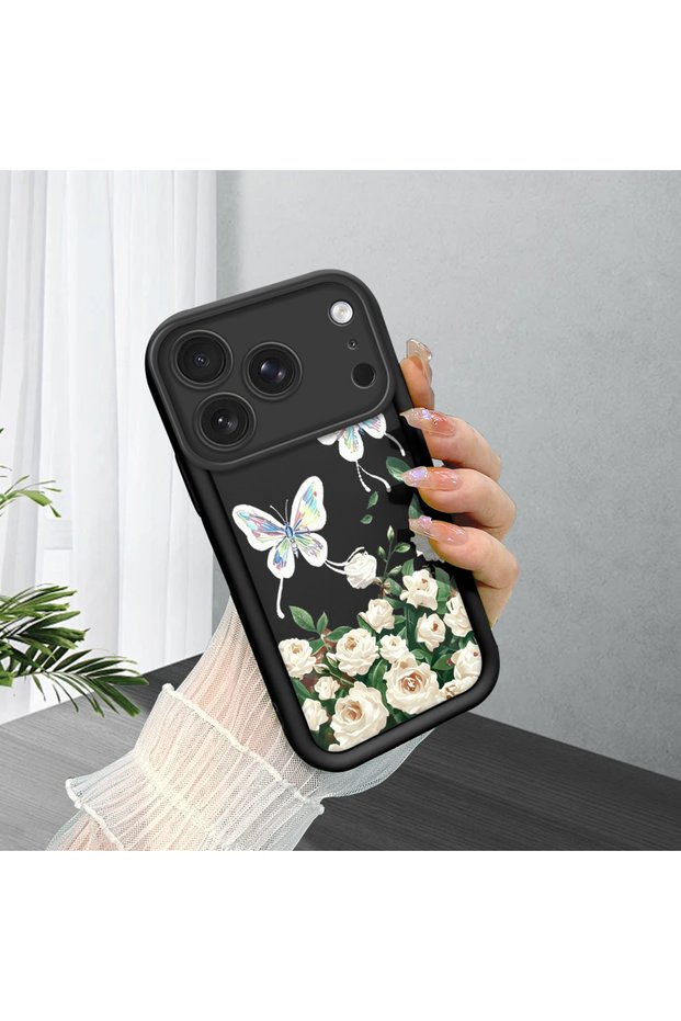 iPhone 17 Pro Max Compatible Rose and Butterfly Pattern Phone Case, Silicone Shockproof