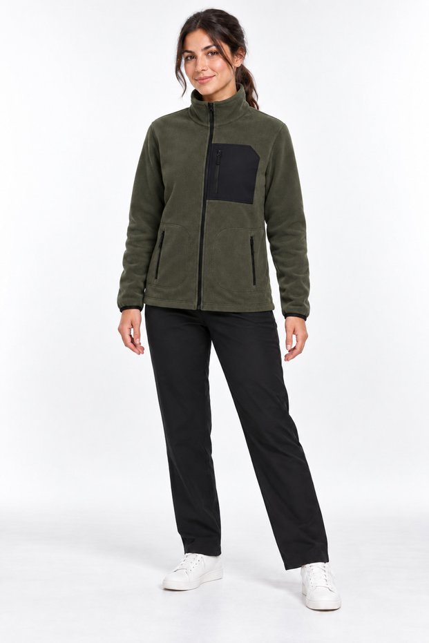 High Collar Front Pocket Zippered Khaki Women's Fleece Jacket