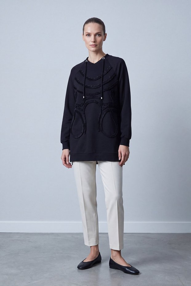Ruffle Striped Tunic with Stone Detail in Black