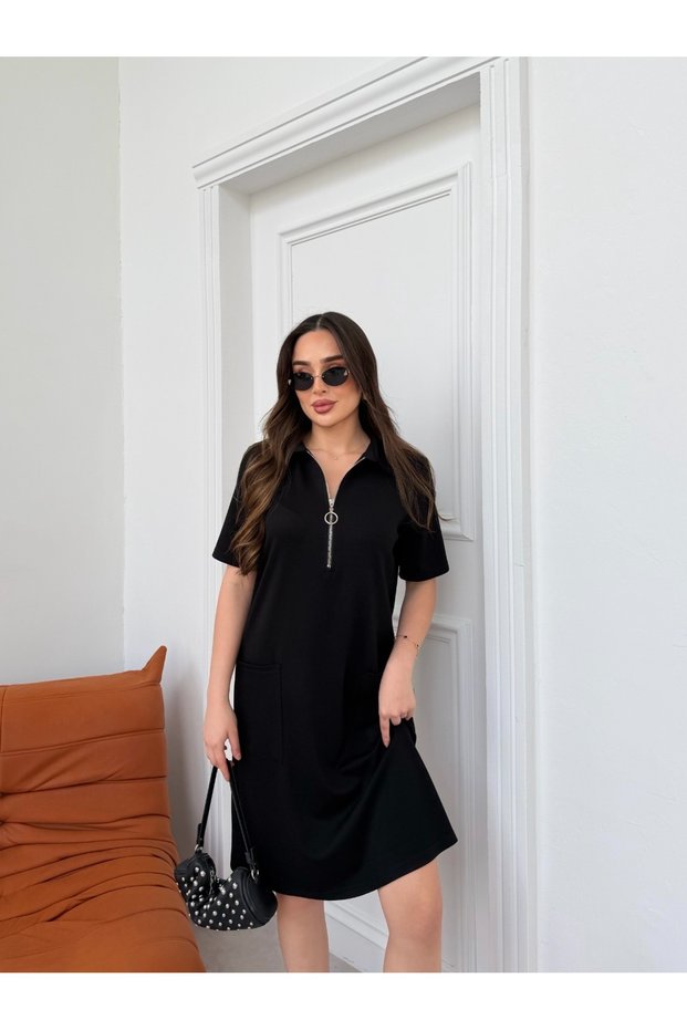 Women's Short Sleeve Zipper Detail Comfortable Cut Oysho Dress