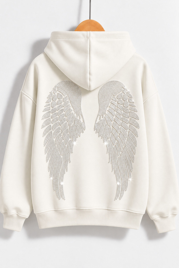 Women's Wing Stone Printed Hooded Oversize Sweatshirt White