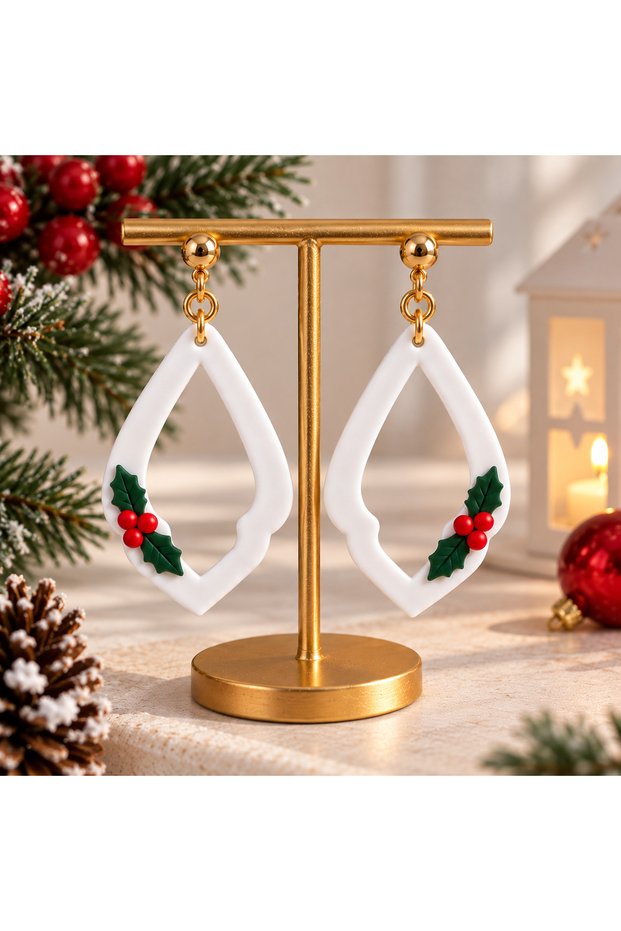 Winter & Christmas Themed Handmade Earrings with Holly Leaf and Red Berry Detail - Christmas Collection