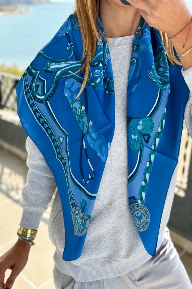 Blue Double-Sided Printed Shawl Patterned Silk Crepe Women's Foulard Scarf 100X100 cm Large Size Shoulder Waist