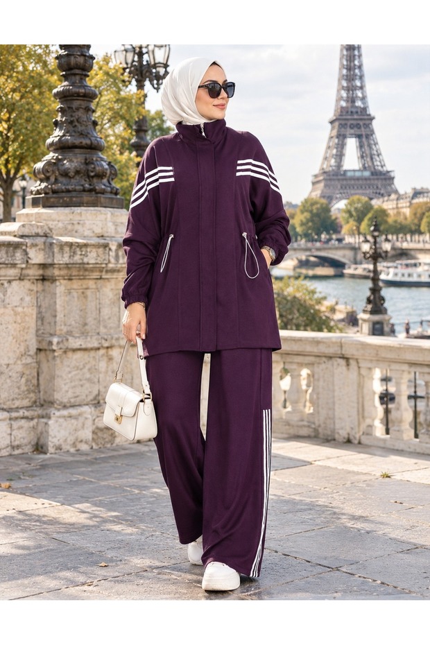 Stripe Detail Design Elastic Waist Double Suit Set