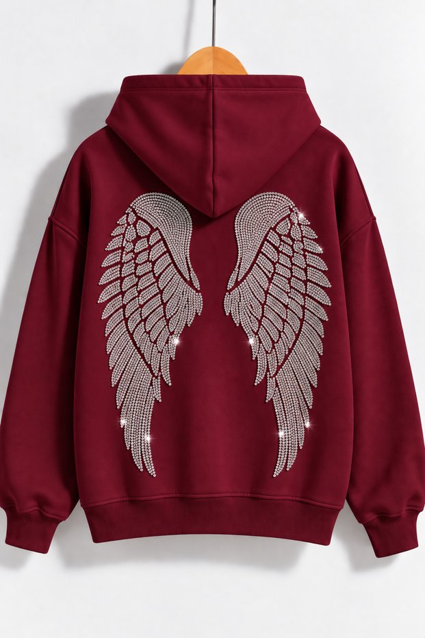 Women's Wing Stone Printed Hooded Oversize Sweatshirt Claret Red