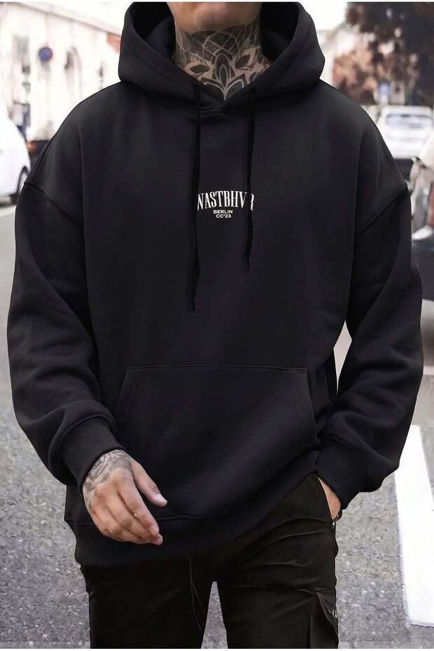 Men's Black Dont Announce Hooded Oversize 3 Yarn Raster Loose Loose Fit Hoodie Sweatshirt