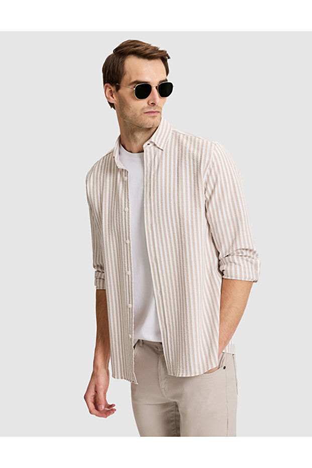 Beige Regular Fit Striped Long Sleeve Shirt 50331443-Vr011