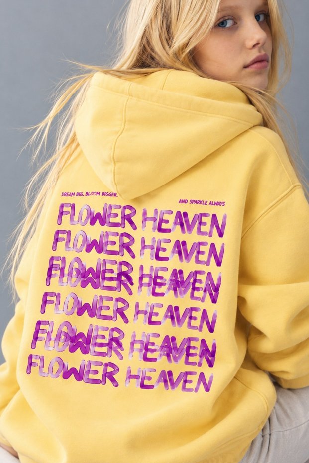 Girl's Oversize Hoodie Sweatshirt Flower Heaven Printed Yellow – Hooded, with Pockets, 3 Thread Fleece