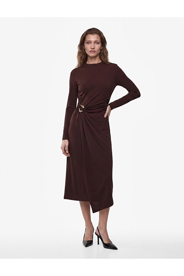 Long Sleeve High Neck Slim Fit Maxi Dress with Metal Accessories