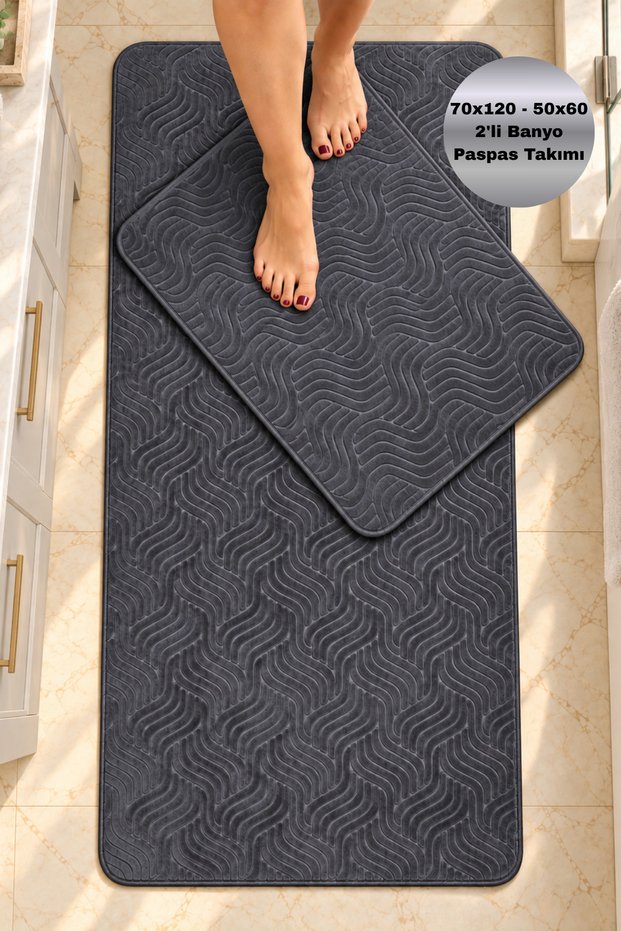 Mirena Anthracite 2-Piece Bathroom Mat Set 80X150 50X60 Non-Slip Base Soft Machine Washable