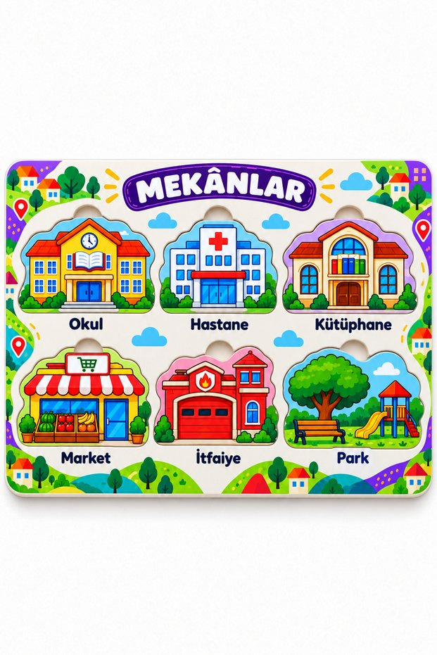 Mechanisms Themed Educational Puzzle Board with 6 Figures Children's Puzzle 27X18 cm 3 mm Mdf