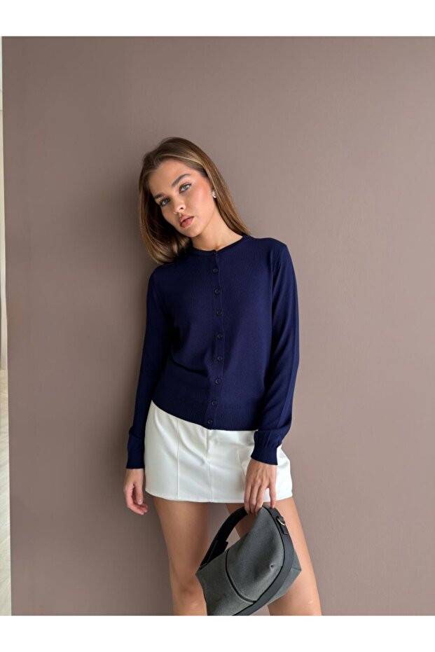 Women's Navy Blue Crew Neck Knitwear Cardigan