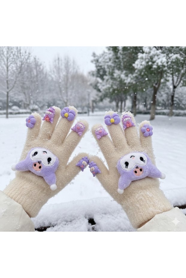 Flexible Lycra Knitted Children's Gloves with Children's Figures and Loved Characters Fingers and Toy Toys on Them, Compatible with Standard Age Range 3-10 Years