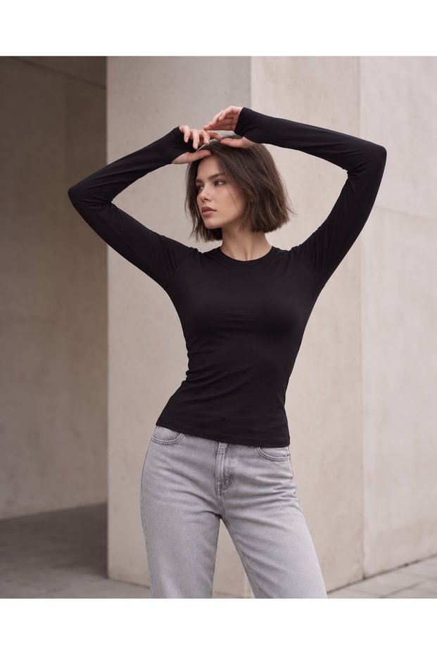 Women's Finger Detailed Long Sleeve Bodysuit