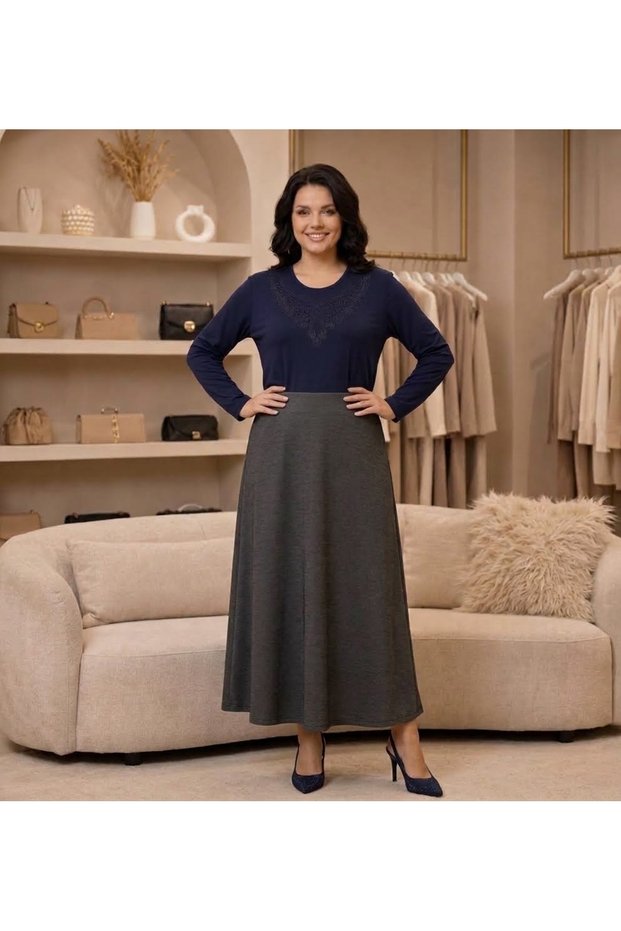 Anne Elasticized Plus Size Combed Cotton Skirt Crystal Fabric