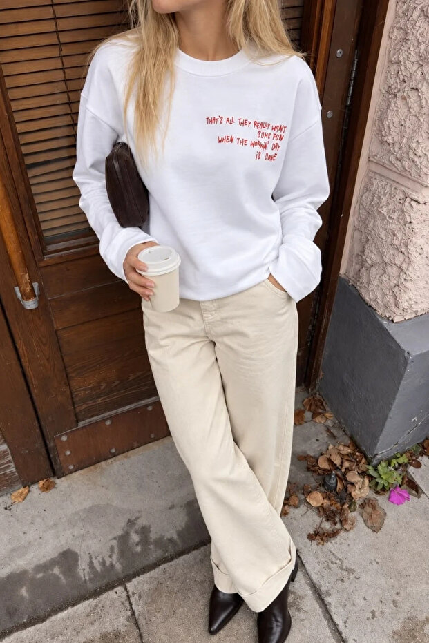 Women's White Viral Slogan Long Sleeve Oversize T-Shirt 4853