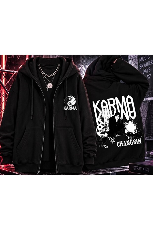 Karma Stray Kids Printed 3 Thread Zippered Cardigan with Ribbon Oversize