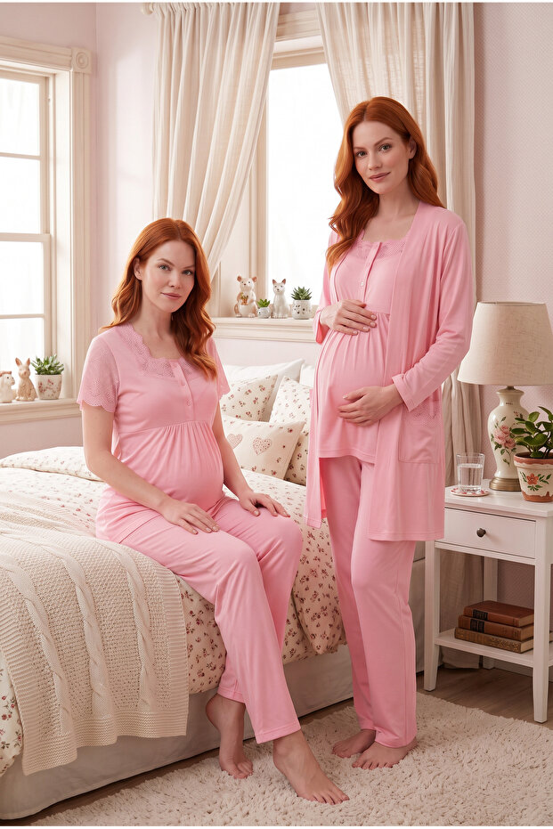 Women's Light Pink Short-Sleeved Lace Breastfeeding Pajama Set with Buttoned Pockets, 3-Piece Maternity Pajama Set