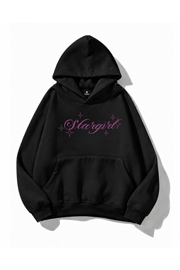 Star Girl Text Printed Oversize Black Hoodie