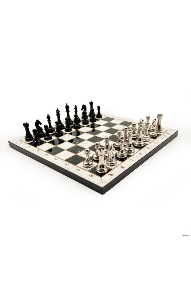 Svl-Shop Wooden Chess Set – with Metal Pieces Merduz36S - 30cm, Black-Silver (123921) - Merduz30S