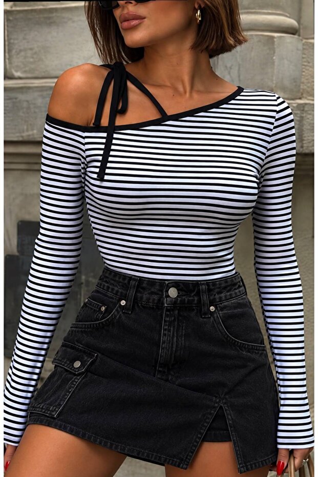 Black and White Striped Natural Viscose Long Sleeve Crop Blouse