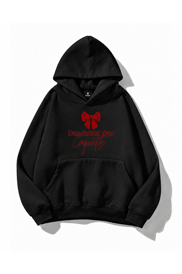 Red Bow Print Detailed Oversize Black Hoodie