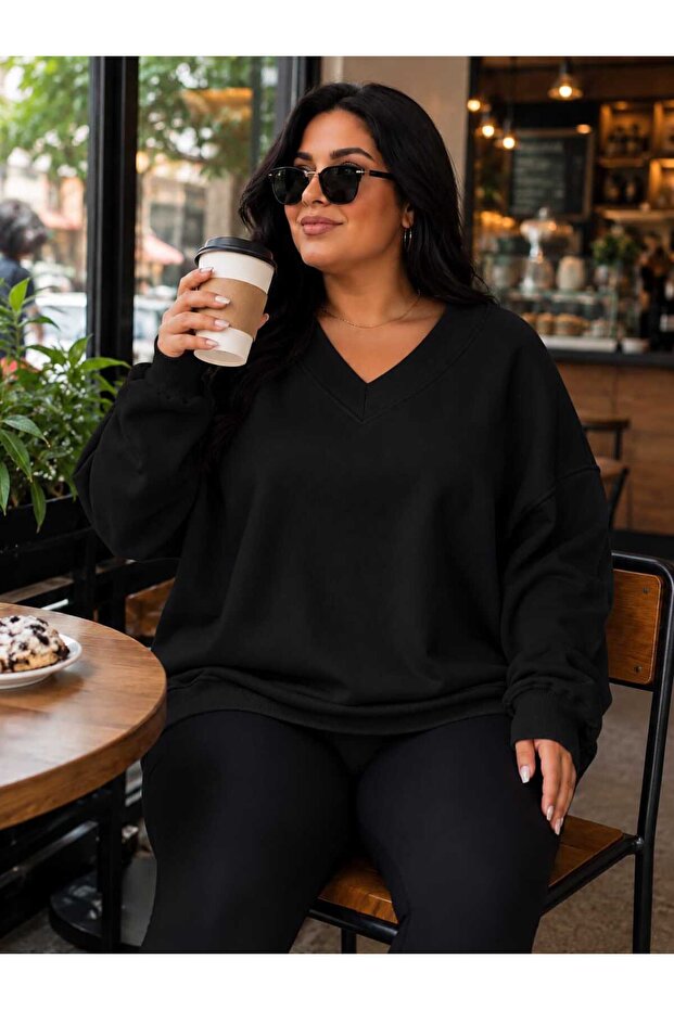 3 Yarn Combed Cotton Plus Size V-Neck Sweatshirt Aow1