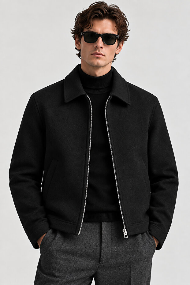 Men's Black Zippered Classic Collar Regular Fit Stylish Casual Cashmere Jacket