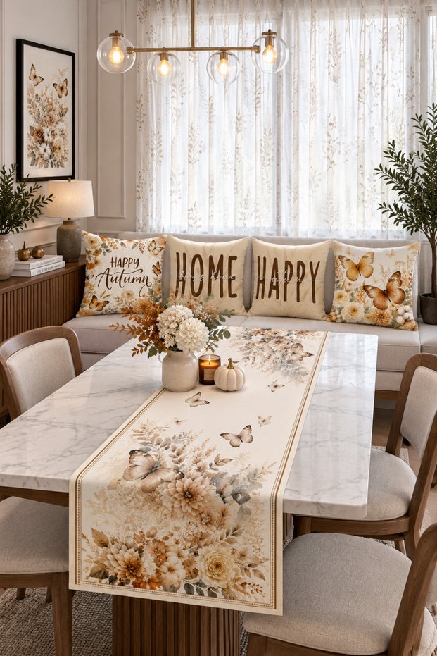 Beige Vintage Butterfly Autumn Floral 4-Piece Throw Pillow Cover Runner Set