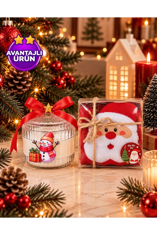 Christmas Themed Snowman Decorated Decorative Mica Candle Gift Set, Booties and Socks in New Year's Gift Box
