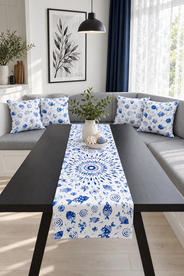 Blue White Fish Marine 4-Piece Throw Pillow Cover Runner Set