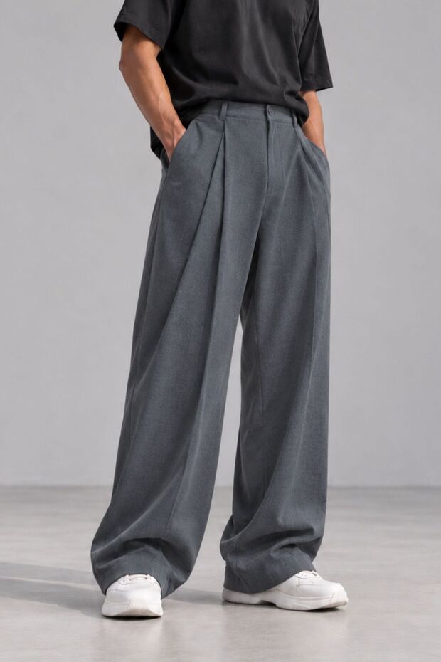 Men's Oversize Wide Leg Fabric Trousers S-12Xl Dark Gray