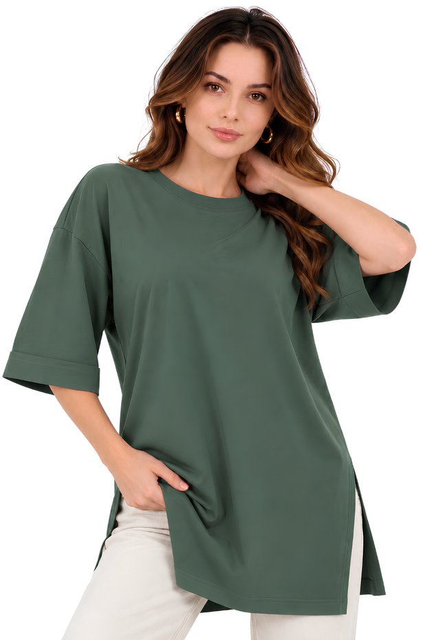 Women's Standard Size Double Sleeve Tile Color T-Shirt with Side Slits
