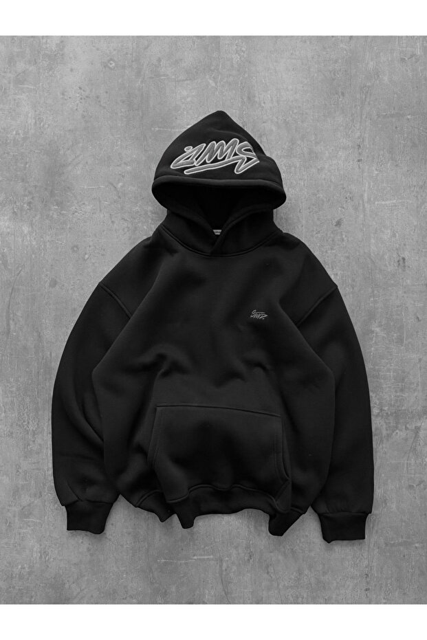 Black Oversize Hooded Sweatshirt Cotton Printed Unisex