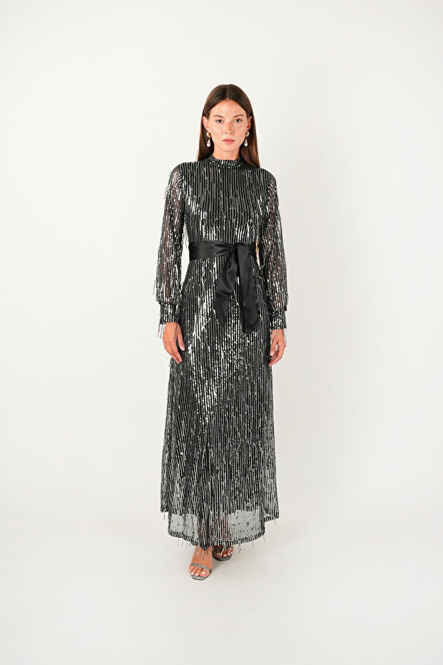 Fringed Sequin Fabric Long Evening Dress - Silver