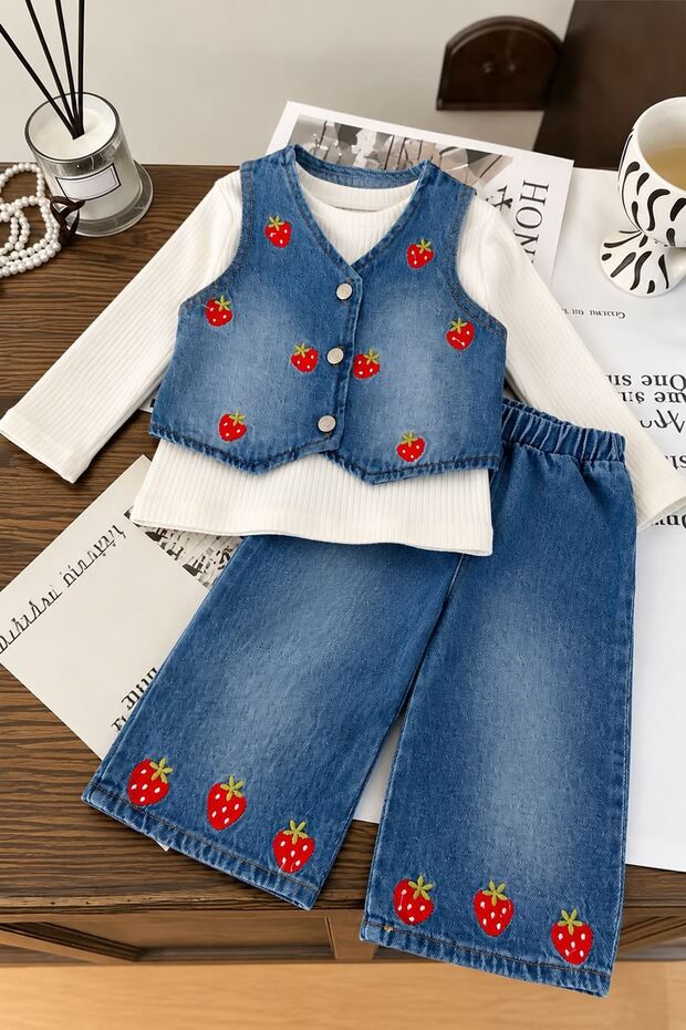 3-Piece Girls' Set with Strawberry Embellishment and Denim Vest - Light Blue