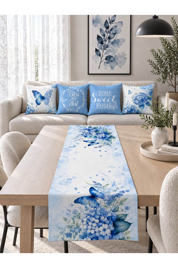 Blue Hydrangea Butterfly Home Sweet Home 4-Piece Throw Pillow Cover Runner Set