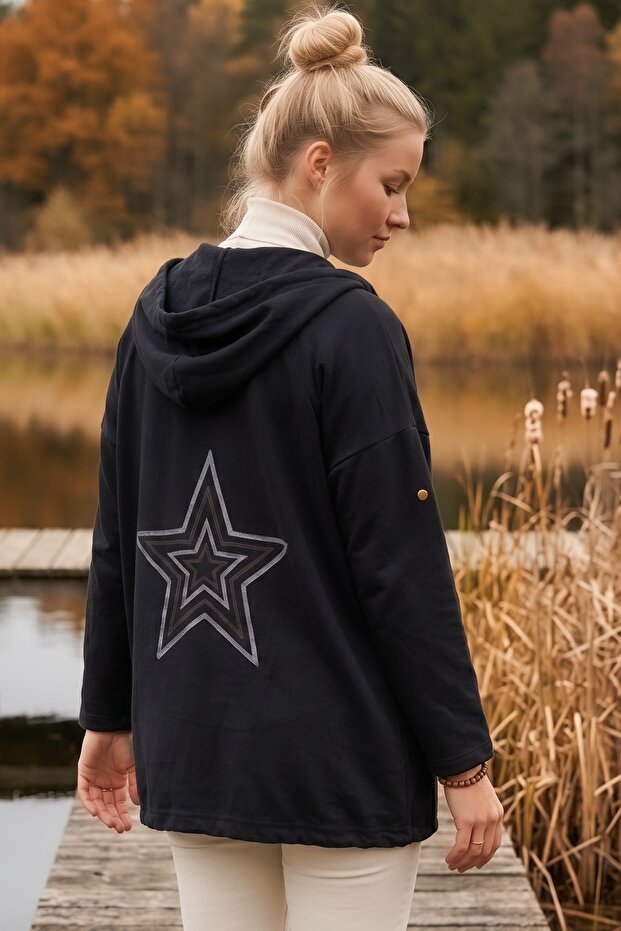 Black Hooded Raglan Sleeve Zippered Pocket Star Appliqué Casual Tencel Woven Jacket 75 66