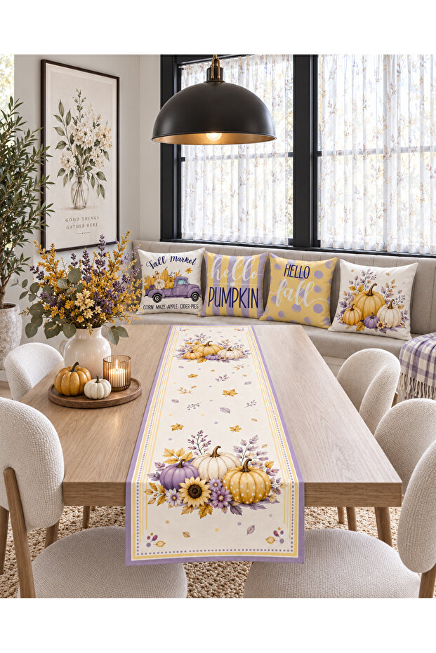 Pastel Pumpkin Purple Yellow Autumn 4-Piece Throw Pillow Cover Runner Set