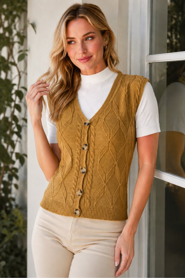 Women's Sleeveless V-Neck Cotton Buttoned Diamond Patterned Hair Braided Soft Textured Stylish Casual Camel Knitwear Cardigan